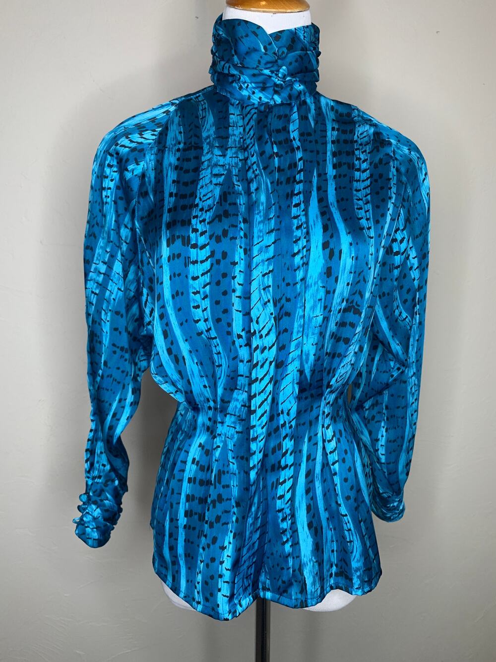 Vintage XS Blue Cinch Waist Blouse 80s 90s Glam Satin